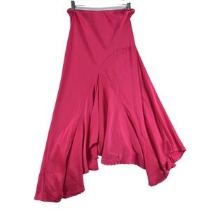 Anthropologie Skirt Womens XS Pink Satin Asymmetrical Ruffle Midi Flare Hem